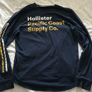 Hollister Navy Long Sleeve Tee with Yellow & White Logo Stripes